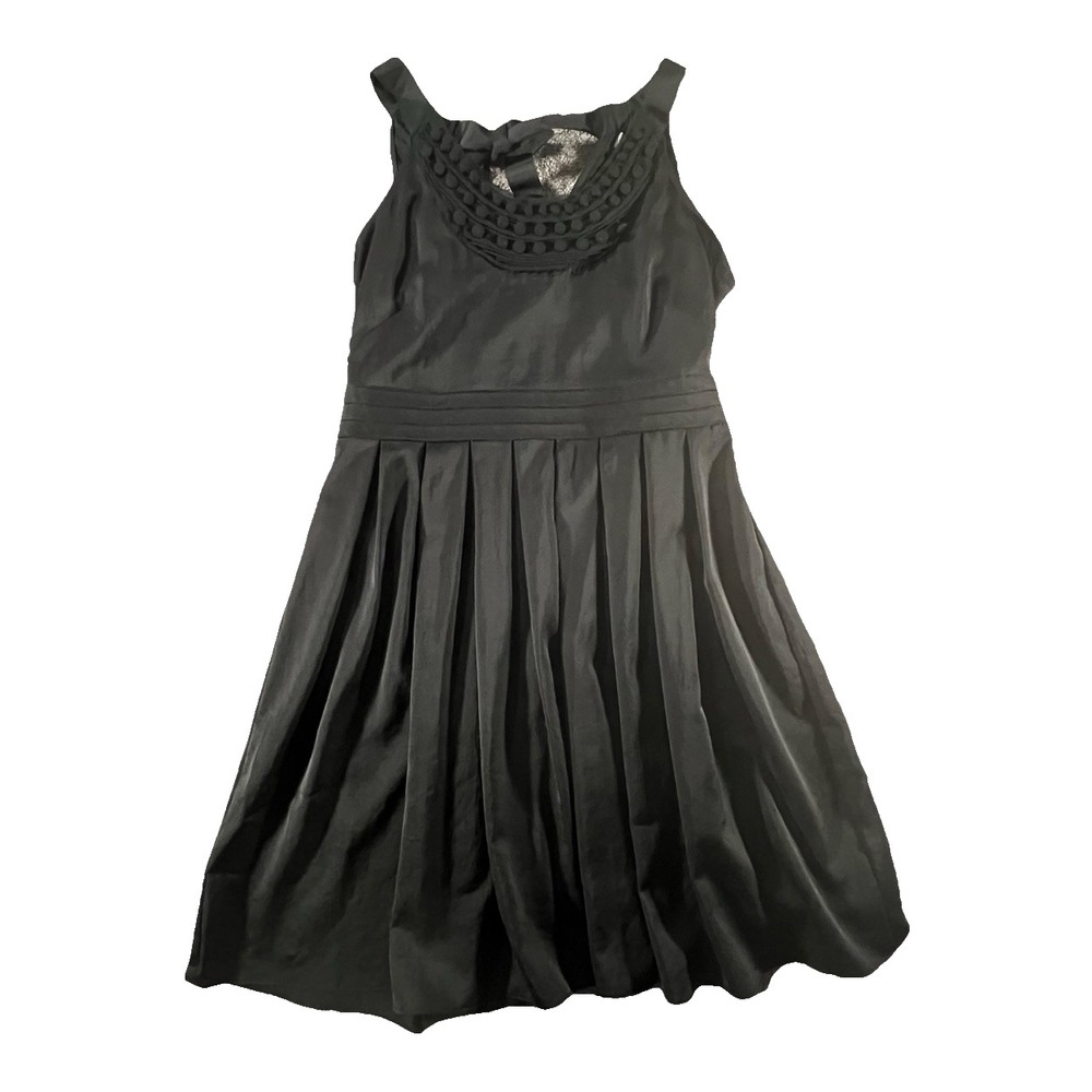Ann Taylor LOFT Cocktail Dress Womens 8 Black Studded Neck Pleated Ribbon Tie